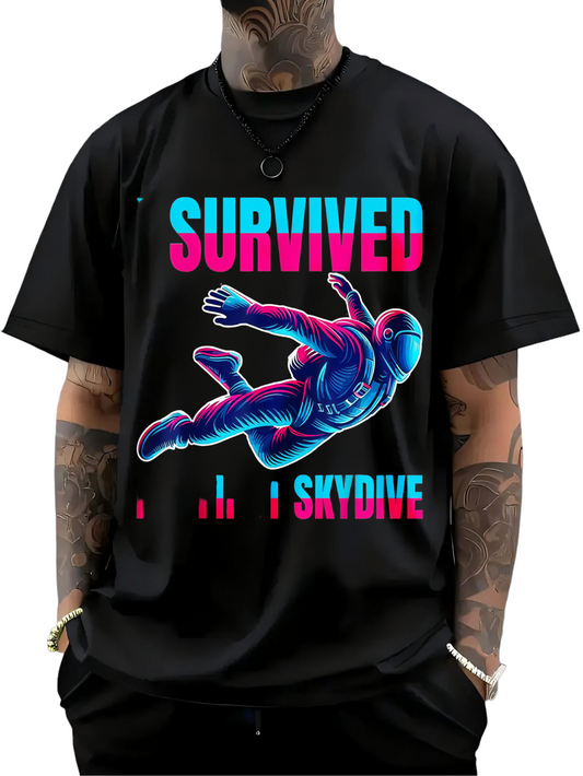 Men's Graphic T-Shirt Survived Neon Colored Figure Falling Under Bright Sky Skydive