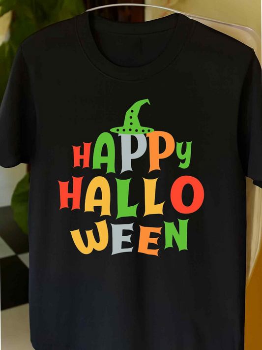 Men's Graphic T-Shirt Happy Halloween Multicolor Letters With Green Witch Hat