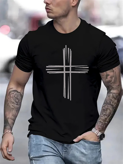 Men's Graphic T-Shirt Minimalist Modern Line Art Symmetrical Cross Design