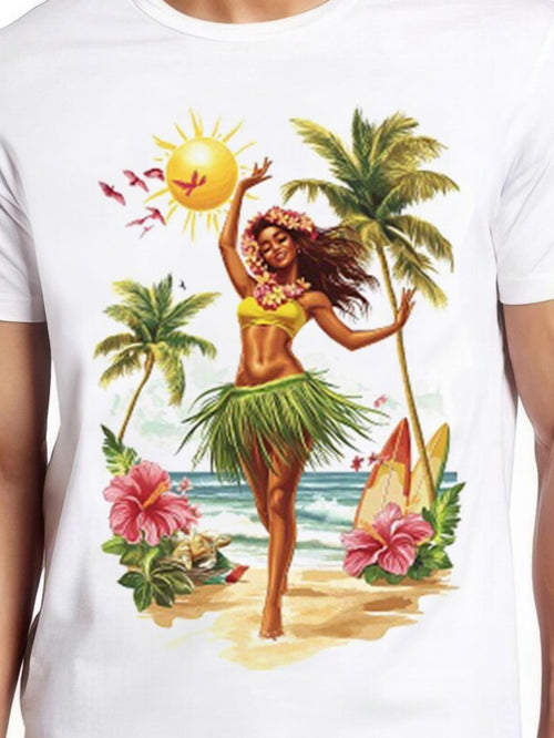 Men's Graphic T-Shirt Vibrant Tropical Sunset With Palm Trees Dancing Hula Girl On Beach