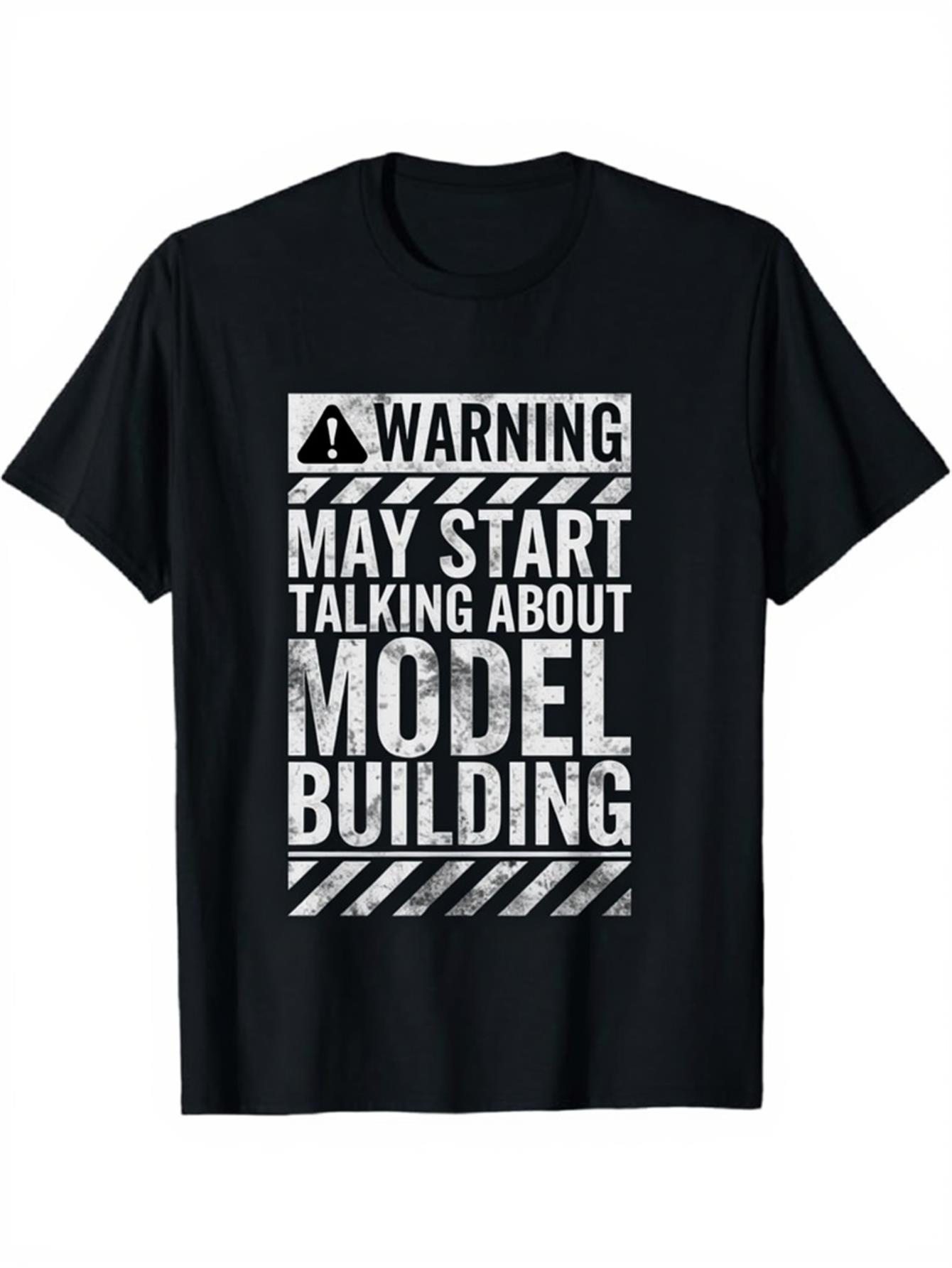 Men's Graphic T-Shirt Warning May Start Talking About Model Building Grunge Stripes And Geometric Icon Text