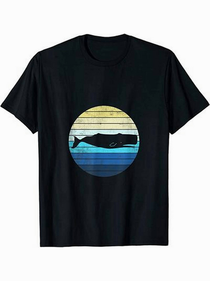 Men's Graphic T-Shirt Retro Striped Sunset Ocean With Silhouette Swimming Whale