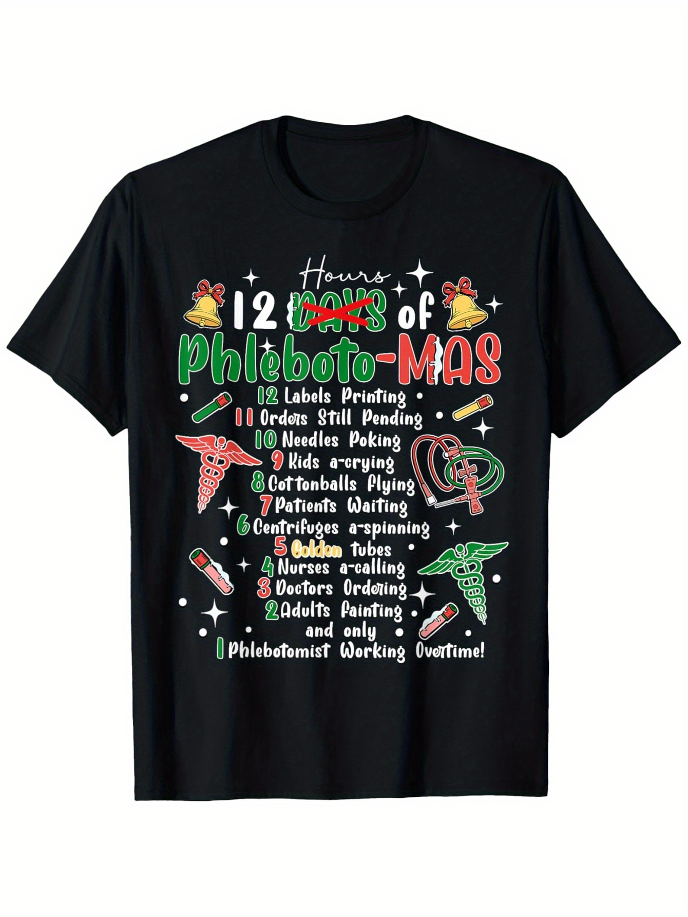 Men's Graphic T-Shirt Twelve Days Of Phlebotomy Christmas With Festive Holiday Icons Surrounding Medical Theme Shirt
