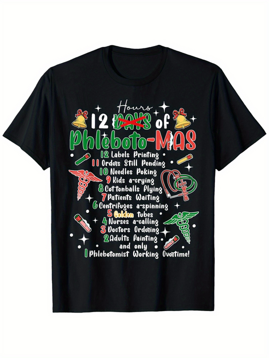 Men's Graphic T-Shirt Twelve Days Of Phlebotomy Christmas With Festive Holiday Icons Surrounding Medical Theme Shirt
