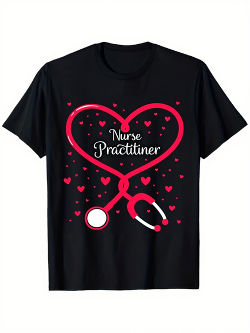 Men's Graphic T-Shirt Nurse Practitioner Heart Shaped Stethoscope Surrounded By Floating Red Hearts