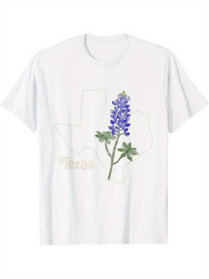 Men's Graphic T-Shirt Texas Bluebonnet Over Outlined State With Delicate Foliage Flower