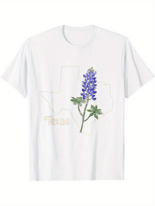 Men's Graphic T-Shirt Texas Bluebonnet Over Outlined State With Delicate Foliage Flower