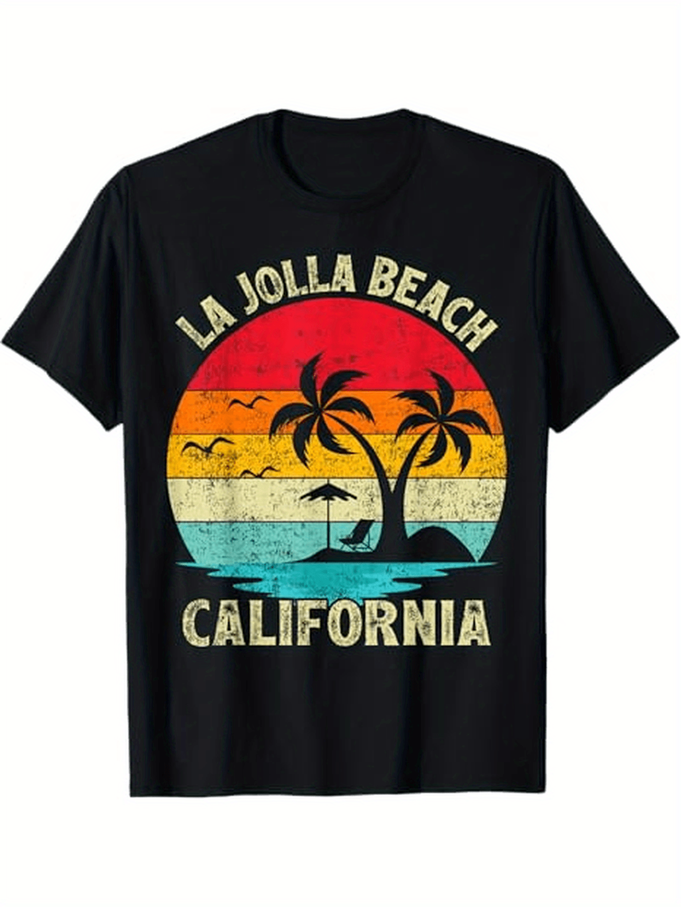 Men's Graphic T-Shirt La Jolla Beach California Retro Sunset With Palm Trees And Seagulls Shoreline