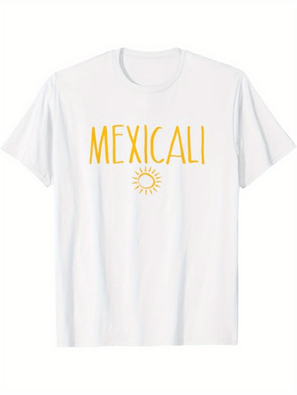 Men's Graphic T-Shirt Mexicali Tall Yellow Letters With Hand Drawn Sunburst Motif T Shirt