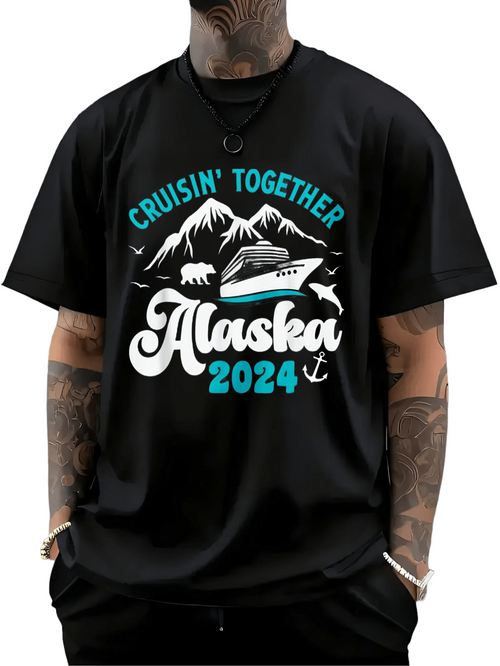 Men's Graphic T-Shirt Cruisin Together Snowy Mountains And Large Cruise Ship Alaska