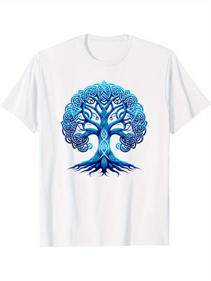 Men's Graphic T-Shirt Intricate Blue Swirling Patterns Flowing On Ancient Mystic Tree
