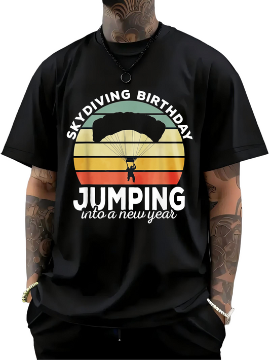 Men's Graphic T-Shirt Skydiving Birthday Retro Stripes With Parachute At Sunset Silhouette Skydiver