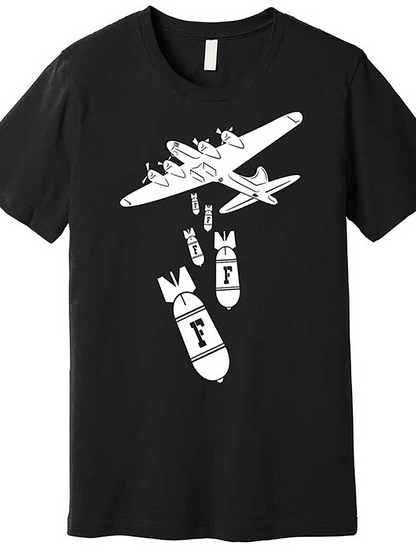 Men's Graphic T-Shirt Cartoon Airplane Dropping Large Bombs With Bold Letter Design