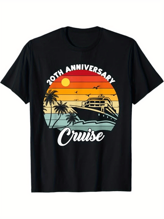 Men's Graphic T-Shirt 20th Anniversary Cruise Sunset With Palm Trees And Cruise Ship