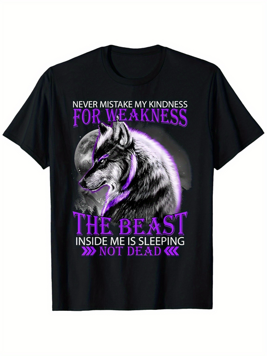 Men's Graphic T-Shirt Never Mistake My Kindness With Purple Glow Strong Wolf Beast