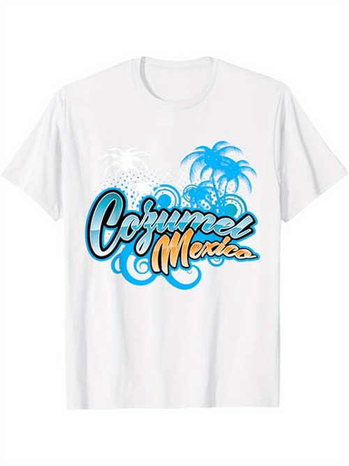 Men's Graphic T-Shirt Cozumel Mexico Tropical Beach Waves With Palm Tree Graphic