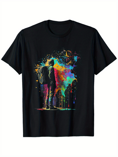 Men's Graphic T-Shirt Vivid Splashes Of Colors Surrounding A Lone Backpacker Exploring Night Sky