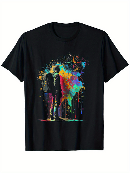 Men's Graphic T-Shirt Vivid Splashes Of Colors Surrounding A Lone Backpacker Exploring Night Sky