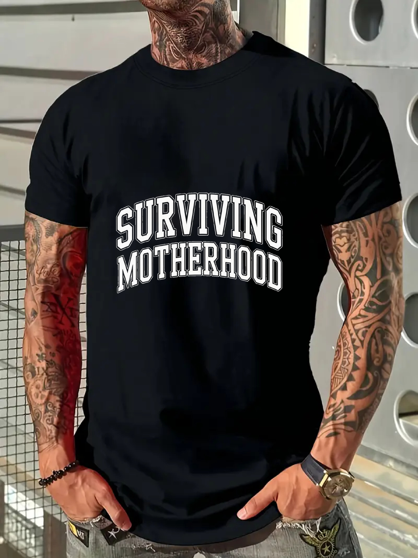 Men's Graphic T-Shirt Surviving Motherhood White Block Letters On Casual Short Sleeve Black T Shirt