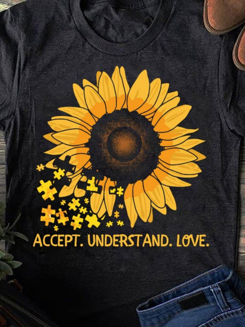 Men's Graphic T-Shirt Accept Understand Love Bright Sunflower With Scattered Yellow Puzzle Pieces Flower