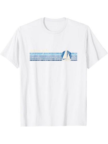 Men's Graphic T-Shirt Horizontal Blue Stripes With Minimal Sailboat Under Clear Sky Sailboat