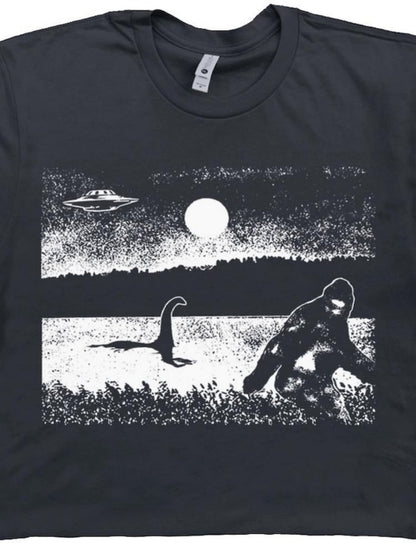 Men's Graphic T-Shirt Mysterious Night With UFO Full Moon Lake And Forest Sasquatch