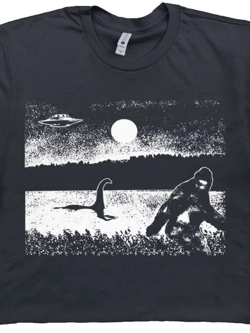 Men's Graphic T-Shirt Mysterious Night With UFO Full Moon Lake And Forest Sasquatch