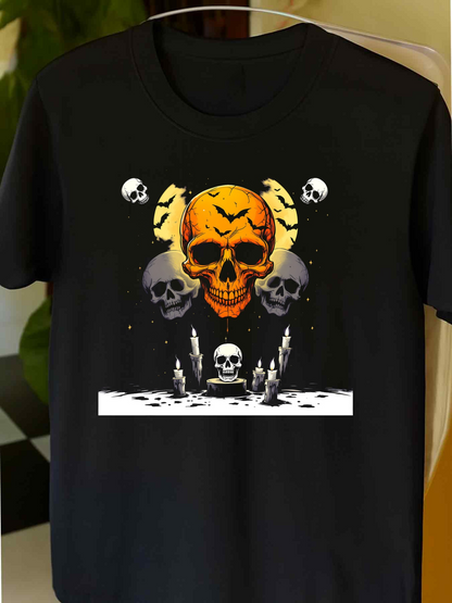 Men's Graphic T-Shirt Fiery Orange Glow Surrounding Haunted Candles And Multiple Skulls
