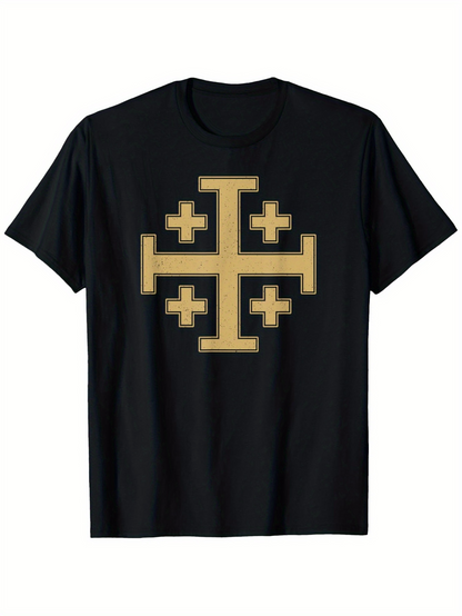 Men's Graphic T-Shirt Golden Jerusalem Cross Pattern On Solid Black Shirt