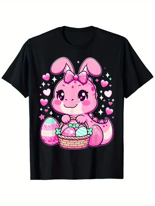 Men's Graphic T-Shirt Pink Cartoon Bunny With Easter Eggs Surrounded By Hearts And Sparkles Bunny