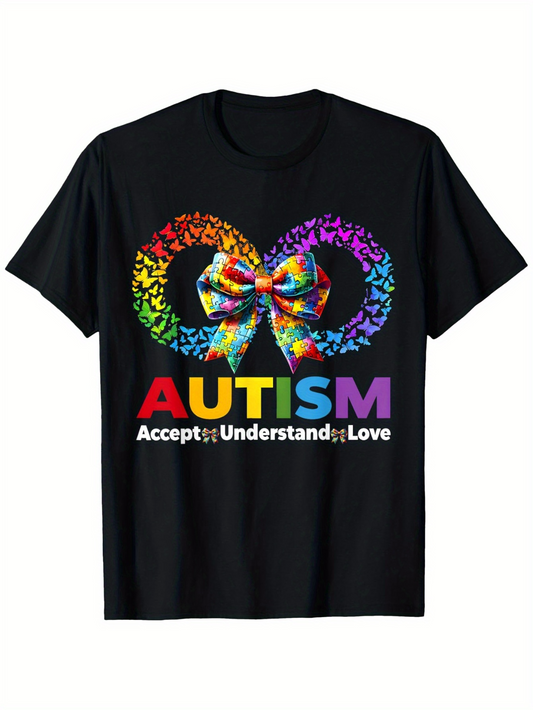 Men's Graphic T-Shirt Autism Accept Understand Love With Rainbow Infinity Symbol And Colorful Butterflies
