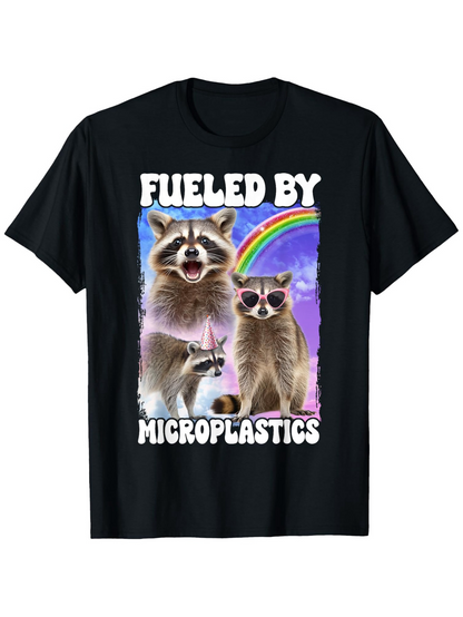 Men's Graphic T-Shirt Fueled By Microplastics Vibrant Raccoons With Sunglasses Under Rainbow Sky
