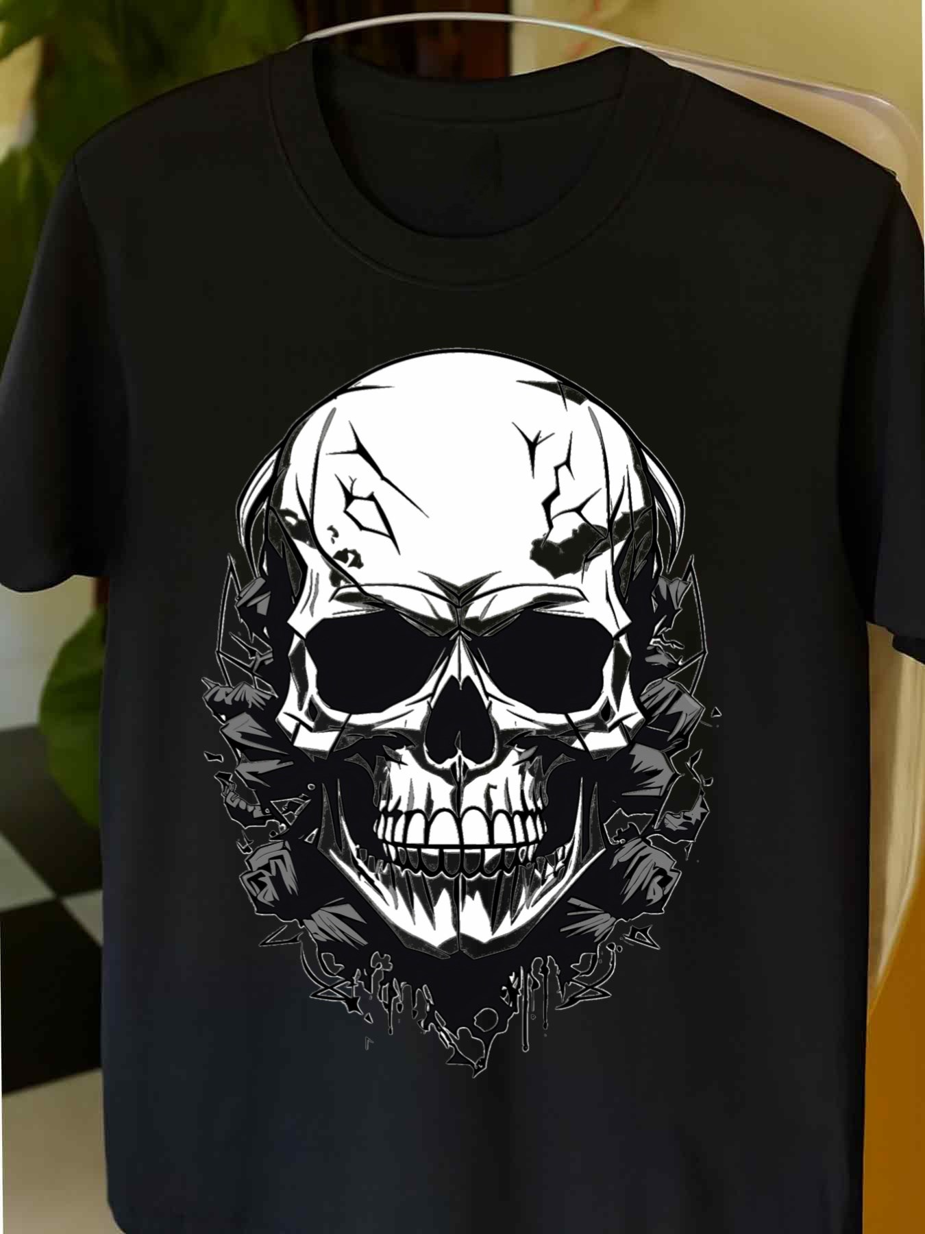 Men's Graphic T-Shirt Dark Grunge Black Texture With Cracked Detailed Bone Elements Skull