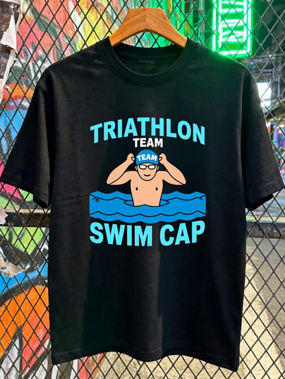 Men's Graphic T-Shirt Triathlon Team Swim Cap With Cartoon Swimmer Wearing Blue Goggles In Pool