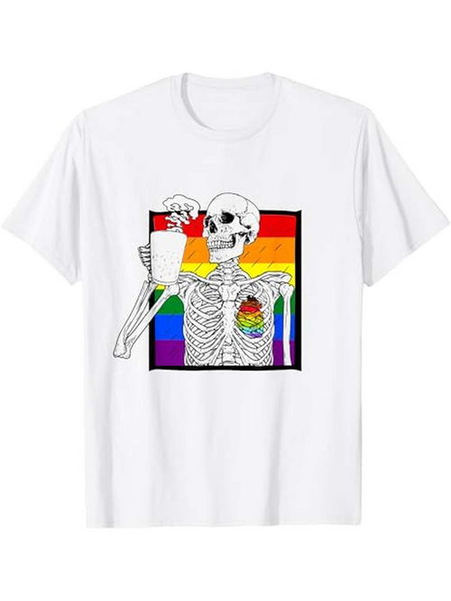 Men's Graphic T-Shirt Colorful Rainbow Flag With Anatomical Skeleton Holding Mug