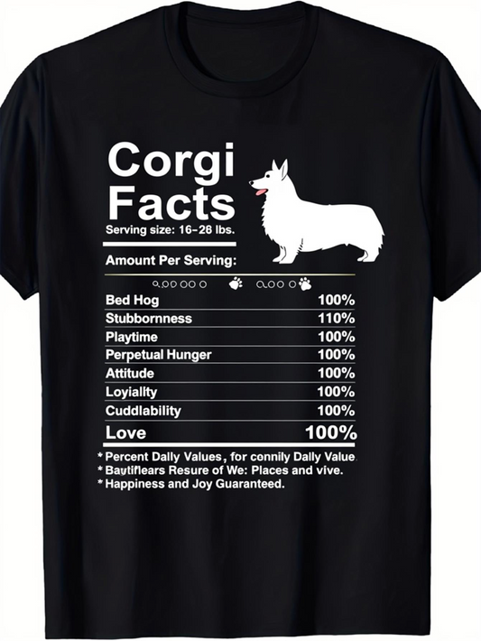 Men's Graphic T-Shirt Corgi Facts Nutritional Chart With Playful Dog Silhouette On Black Fabric T Shirt