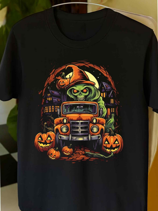 Men's Graphic T-Shirt Glowing Halloween Night With Pumpkins And Spooky Haunted House Truck