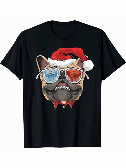 Men's Graphic T-Shirt Christmas Santa Hat With Sunglasses On Bulldog Dog