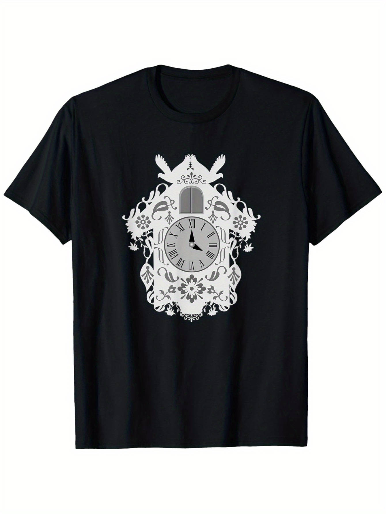 Men's Graphic T-Shirt Intricate Carving With Forest Creatures And Vintage Clock Design