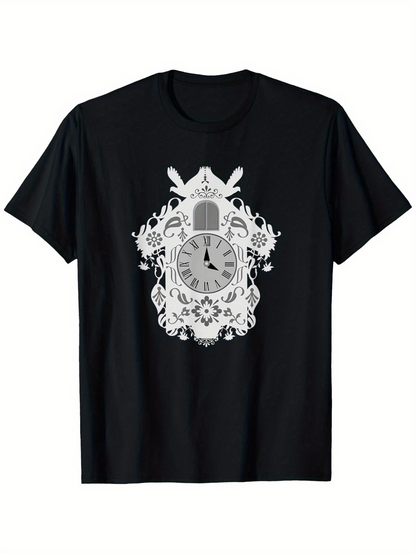 Men's Graphic T-Shirt Intricate Carving With Forest Creatures And Vintage Clock Design