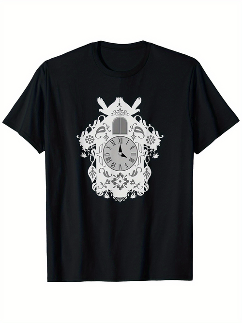 Men's Graphic T-Shirt Intricate Carving With Forest Creatures And Vintage Clock Design