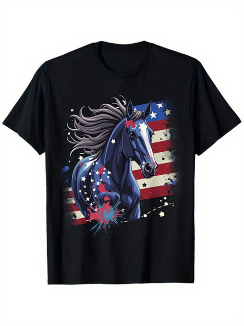 Men's Graphic T-Shirt Patriotic Blue Stallion With Flowing Mane Stars And Flag Backdrop Horse