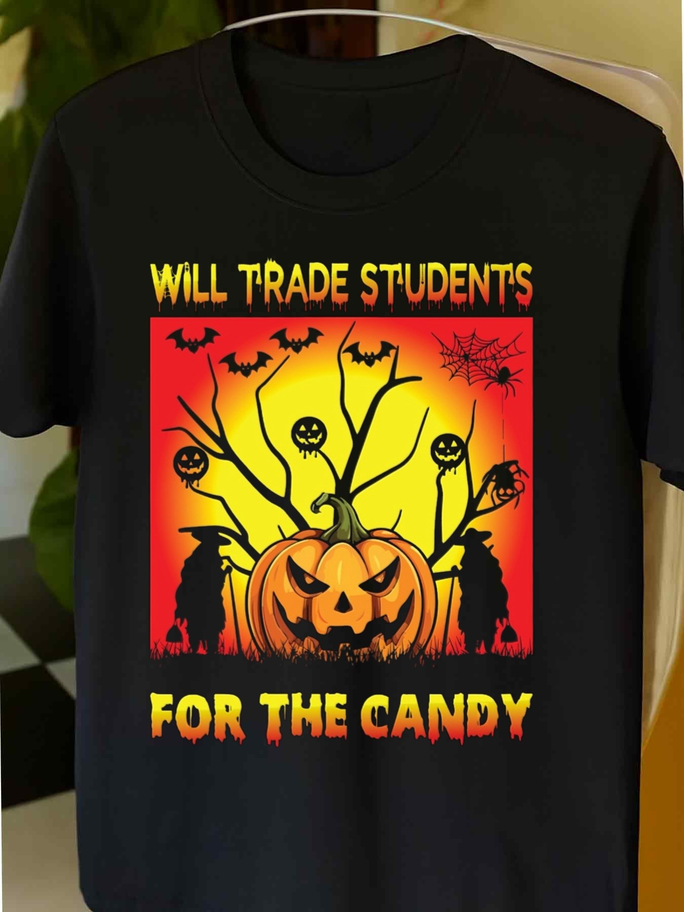 Men's Graphic T-Shirt Will Trade Students For The Candy With Bats Spooky Trees And Glowing Pumpkin