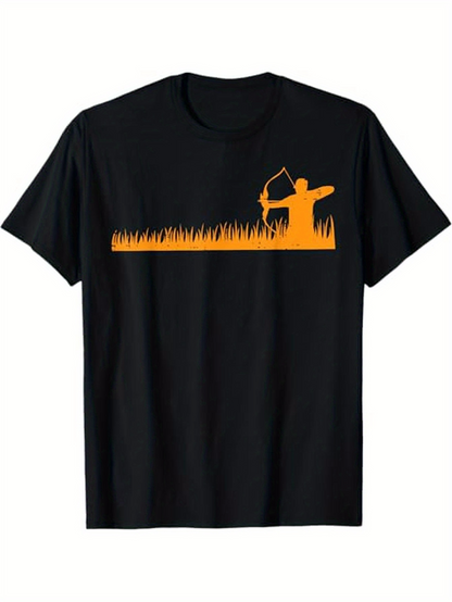 Men's Graphic T-Shirt Golden Sunset Grass Silhouette With Archer Aiming Bow Hunter