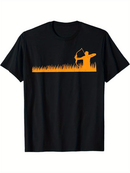 Men's Graphic T-Shirt Golden Sunset Grass Silhouette With Archer Aiming Bow Hunter