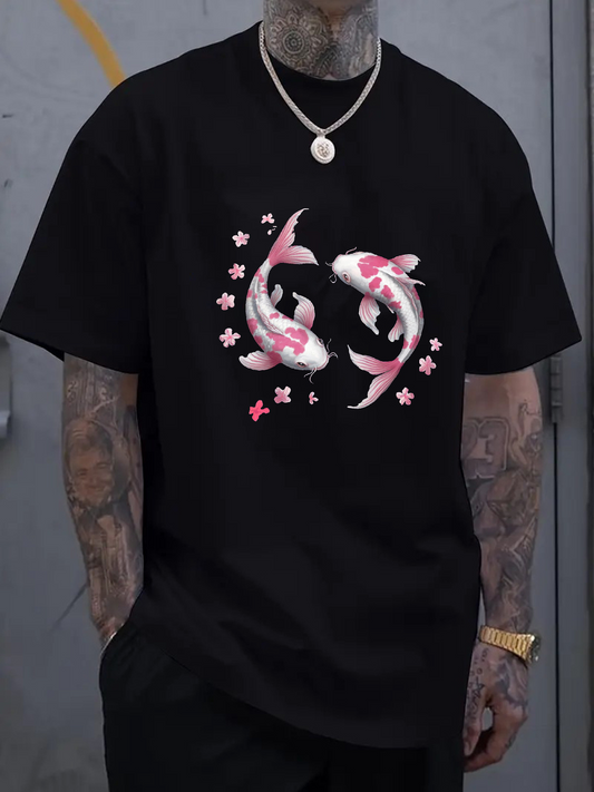 Men's Graphic T-Shirt Cherry Blossom Petals Floating With Graceful Koi Fish Pair