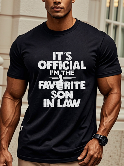 Men's Graphic T-Shirt Its Official Im The Favorite Son In Law Bold Typography With Playful Hand Gesture Statement