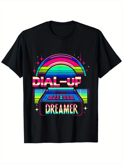 Men's Graphic T-Shirt Dial Up Dreamer With Neon Rainbow Glow And Vintage Computer