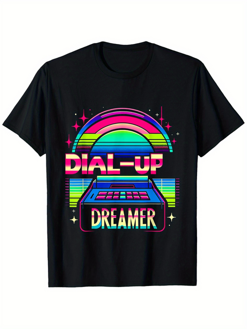 Men's Graphic T-Shirt Dial Up Dreamer With Neon Rainbow Glow And Vintage Computer