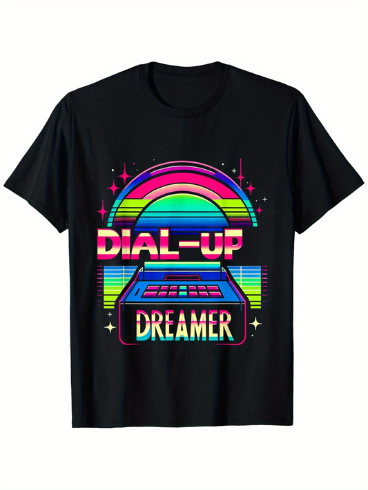 Men's Graphic T-Shirt Dial Up Dreamer With Neon Rainbow Glow And Vintage Computer